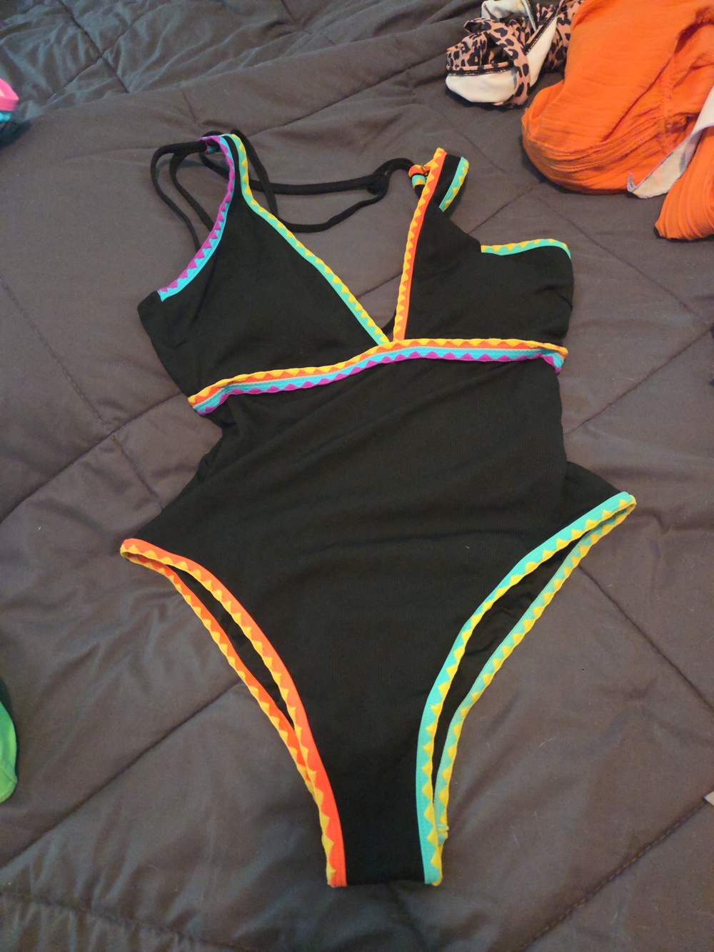 Black One-Piece Swimsuit with Multicolor Neon Trim